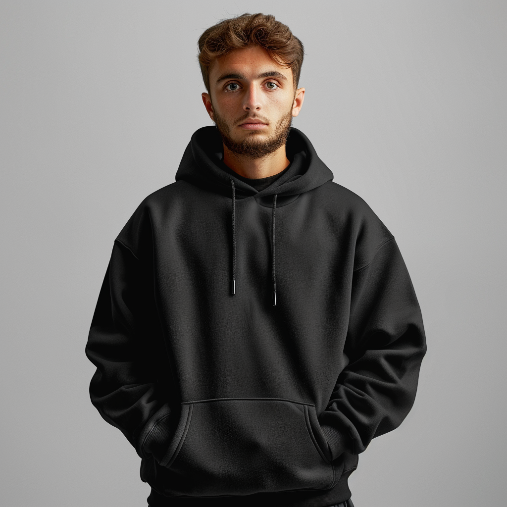 Teenage boy wearing black hoodie isolated on grey background
