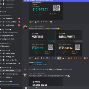 A screenshot of a cryptocurrency or trading discord server, hosted by a prop firm, showing users sharing their trading profits with qr codes, while other members react and comment on the posts.